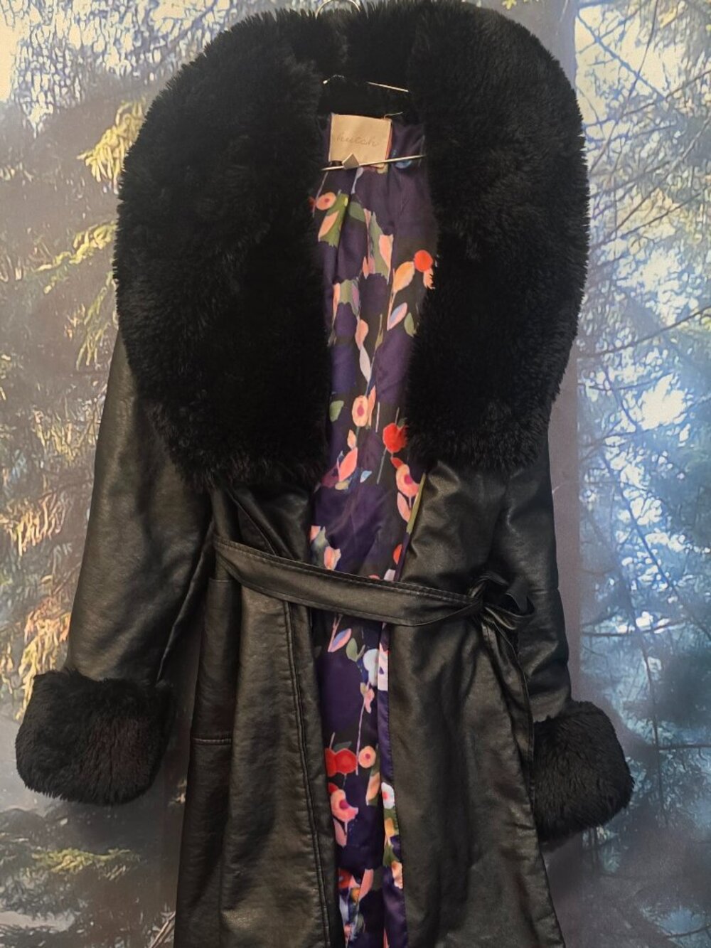 Hutch Stevie Longline Vegan-Leather Coat Black Belted Faux Fur Collar Coat